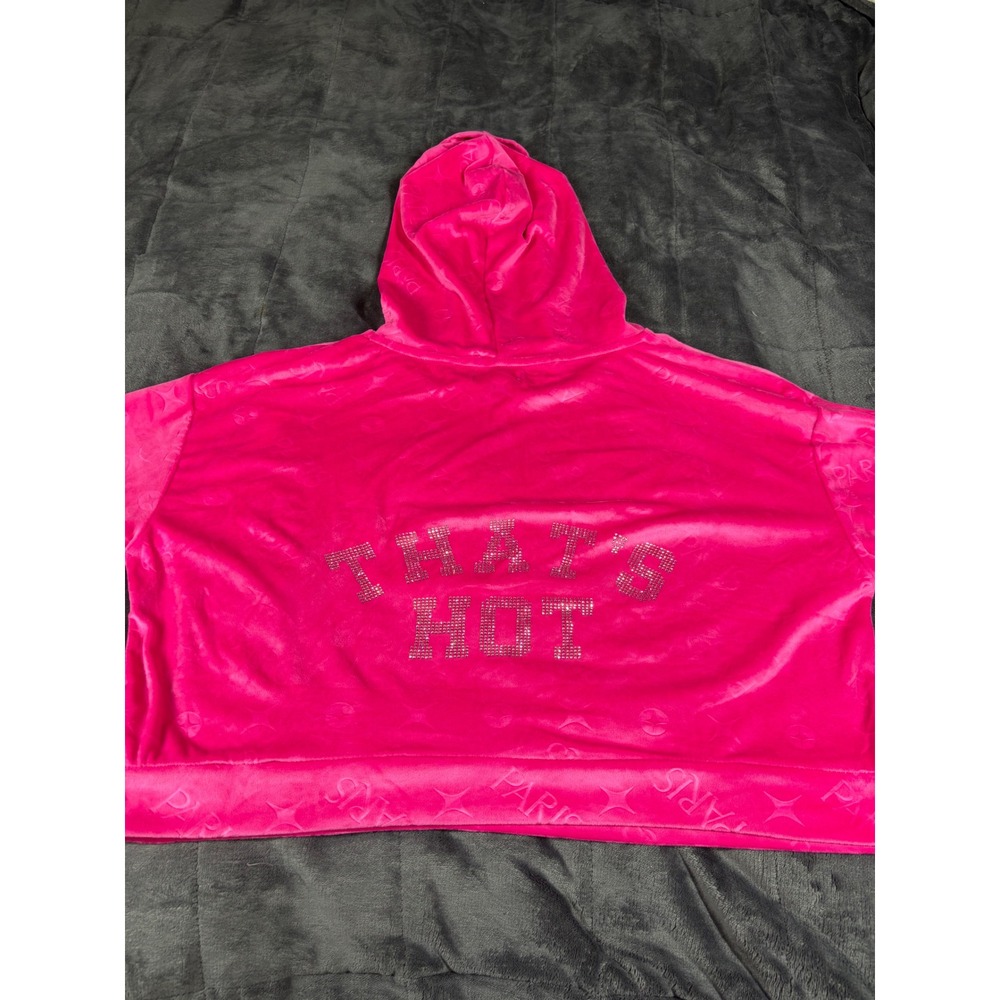 Paris Hilton‎ Womens XL Hot Pink Velour Cropped Hoodie Thats Hot Rhinestone Y2K - Picture 8 of 9
